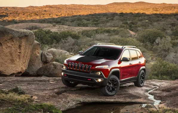 Picture light, sunset, mountains, stream, stones, lights, shadow, the evening, Jeep Cherokee