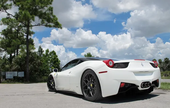 Picture white, the sky, clouds, trees, black, the fence, white, wheels, ferrari, Ferrari, drives, black, rear …