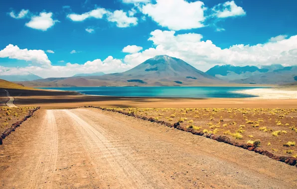 Picture road, desert, cloud, mountain, lake, chile, atacama