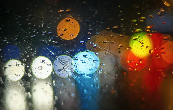 Picture glass, drops, light, lights, rain, colorful, bokeh