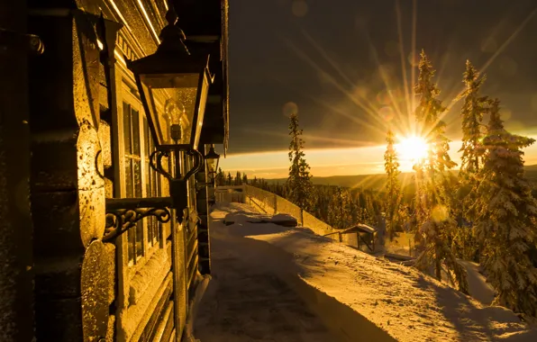 Picture winter, rays, snow, trees, sunset, house, Norway, lights, hut