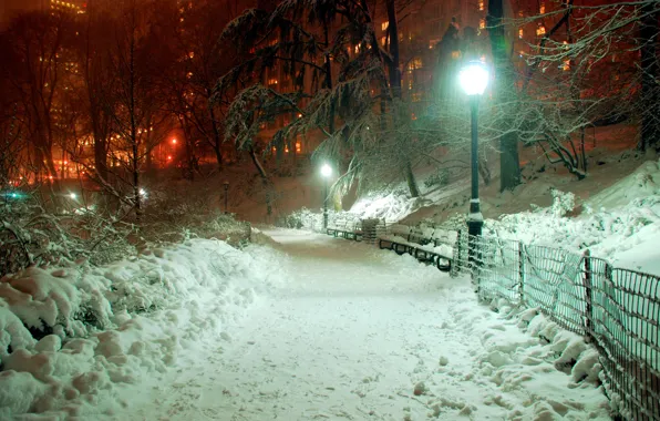 Picture light, snow, trees, the city, Park, the fence, building, the evening, lantern, the sidewalk