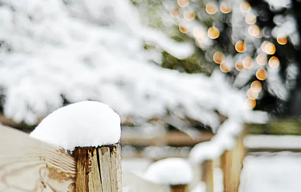 Picture winter, snow, trees, branches, lights, the fence, blur, wooden, bokeh