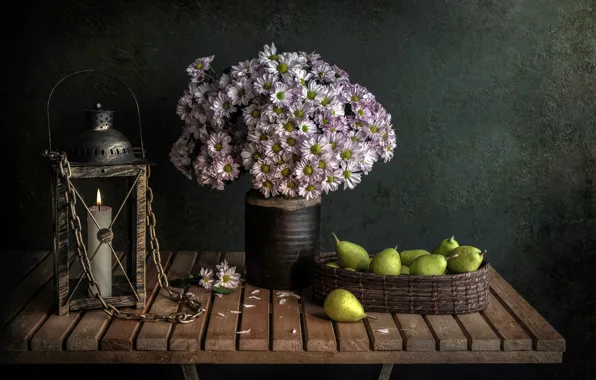 Picture table, candle, bouquet, pear, Candlelight