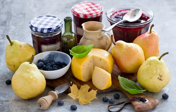 Picture berries, cheese, leaves, still life, pear, jam, blueberries