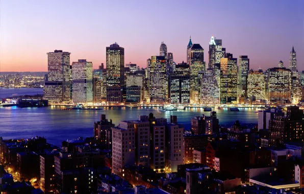 Picture night, the city, lights, river, Wallpaper, skyscrapers, new York, wallpapers, new york