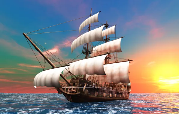 Picture the sun, the ocean, dawn, graphics, ship, sailboat, sails, brig, mast, the bowsprit