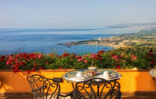 Picture sea, flowers, coast, Italy, table, Italy, terrace
