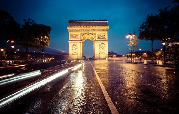 Picture auto, the sky, clouds, trees, night, street, lights, France, Paris, bus, Arc de Triomphe, Champs-Élysées