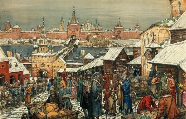 Picture bridge, river, people, building, picture, the Kremlin, painting, cart, canvas, trade, merchants, train, Novgorodskiy Torg, …