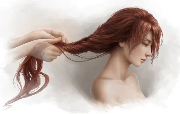 Picture girl, hair, hands, hairstyle, painting, art, Jason Peng