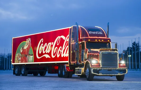 Picture winter, machine, lights, the evening, lighting, lights, truck, New year, Christmas, Coca-Cola, Coca-Cola, truck, Freightliner, …
