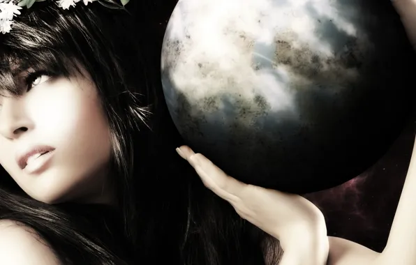 Picture look, girl, face, earth, hair, ball, hands, lips, profile, goddess