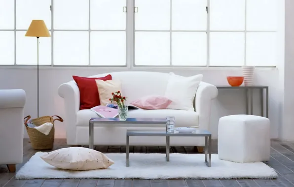 Picture comfort, table, sofa, lamp, bouquet, pillow, vase, Ottoman
