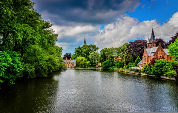 Picture greens, the sky, trees, clouds, nature, the city, Park, river, castle, building, channel, Belgium, architecture, …