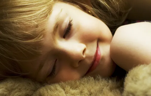 Picture face, smile, hair, child, light, sleeping, girl, soft toy