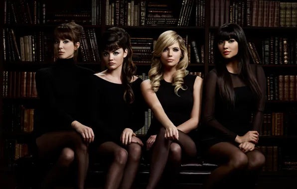 Picture girls, books, four, library, four, Lucy Hale, Ashley Benson, Troian Avery Bellisario, Shay Mitchell, Pretty …