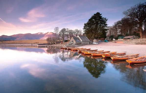 Picture trees, mountains, lake, pink, dawn, shore, home, boats, morning