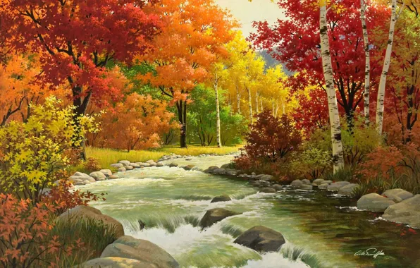 Picture autumn, forest, leaves, trees, nature, paint, picture, Arthur Saron Sarnoff