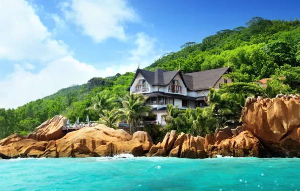 Picture nature, house, stones, palm trees, the ocean, shore, island, Seychelles, the hotel, Seychelles