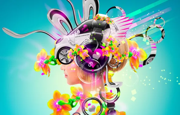 Picture Flowers, Girl, Auto, Music, Neon, Headphones, Blonde, Bright, Style, Girl, Wallpaper, Bubbles, Car, Fantasy, Music, …