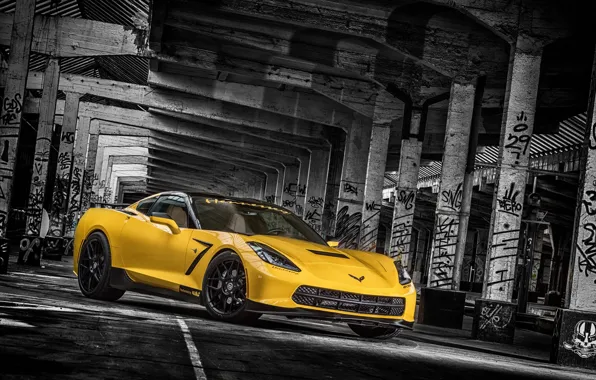 Picture yellow, background, tuning, Corvette, Chevrolet, columns, Chevrolet, tuning, the front, Stingray, Corvette, HPE700, Ruffer Performance