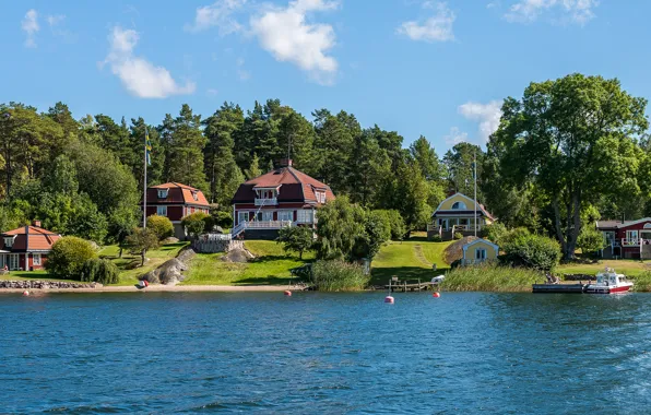 Picture trees, river, shore, pier, boat, houses, Sweden, Stockholm
