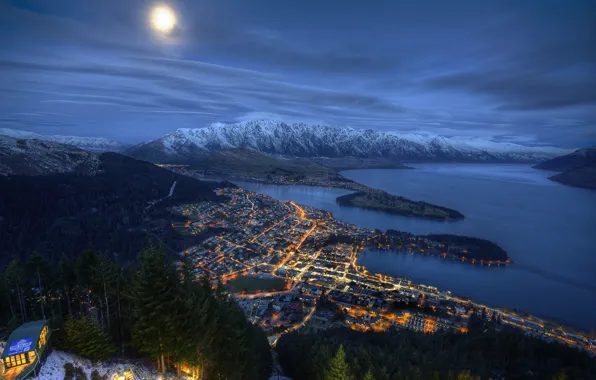 Picture sea, the sky, clouds, mountains, night, the city, lights, The moon