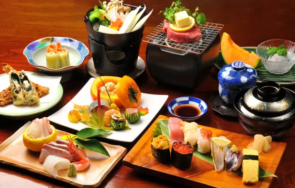 Picture table, mushrooms, ice cream, vegetables, sauce, Japanese food, rolls, seafood, meals, fondue