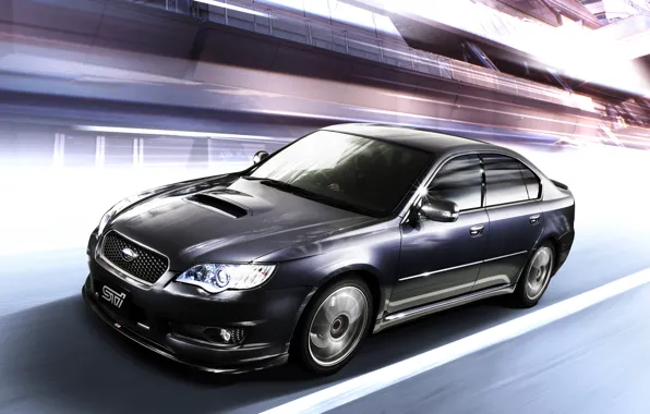 Picture movement, speed, Subaru, optics, drives, STI, Legacy, dynamics, grille, turbo, dark blue, sports sedan