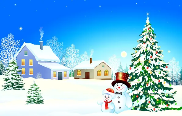 Picture winter, snow, Windows, home, stars, the snow, snowman, tree, Christmas decorations, smoke