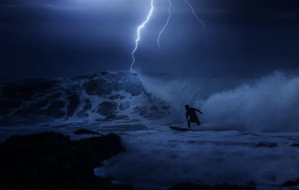 Picture the storm, night, the ocean, lightning, surfing, guy