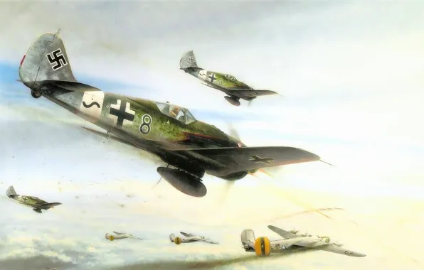 Picture war, art, painting, aviation, concept art, drawing, ww2, combat, dogfight, fw 190, b 24 liberator