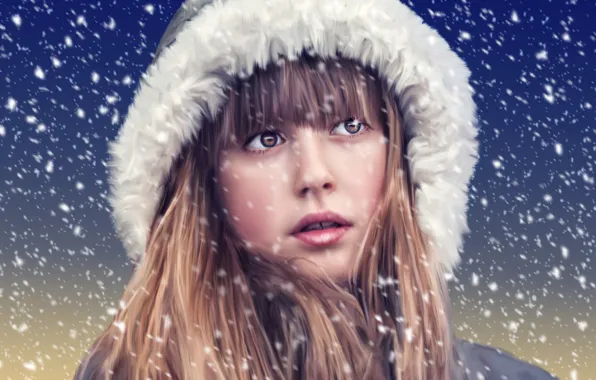 Picture snow, face, portrait, hood, girl