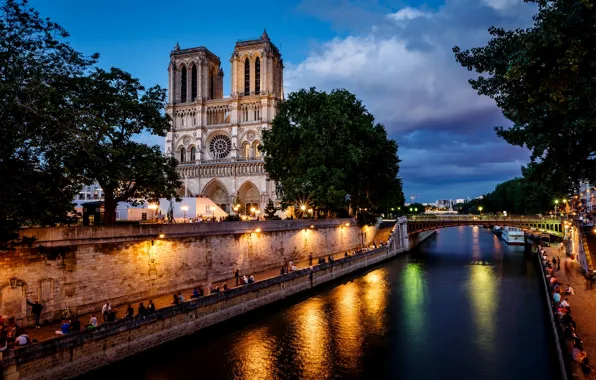 Picture clouds, light, trees, bridge, the city, river, people, France, Paris, the evening, lights, Hay, Paris, …