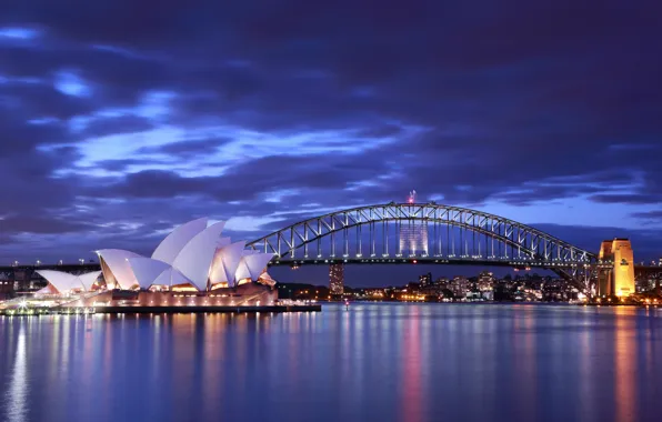 Picture sea, the sky, clouds, bridge, lights, the evening, lighting, Australia, Bay, Sydney, blue, Opera House