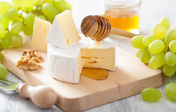 Picture white, cheese, honey, grapes, spoon, knife, Board, nuts