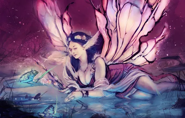 Picture eyes, look, girl, decoration, face, hair, frog, wings, crown, dress, fairy, painting, legit