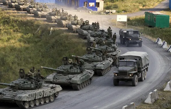 Picture road, trucks, war, The Caucasus, Tanks, T-72, a column of tanks