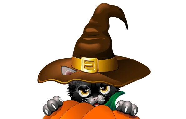 Picture look, holiday, vector, hat, claws, Halloween, pumpkin, black cat, ears
