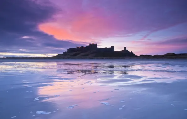 Picture sea, the sky, clouds, sunset, clouds, castle, blue, shore, England, the evening, UK, lilac