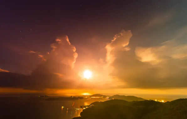 Picture the sun, Islands, clouds, sunset, mountains, lights, the evening, Bay