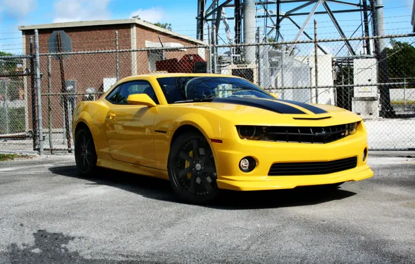 Picture the sky, clouds, yellow, the fence, tower, truck, wheels, Chevrolet, chevrolet, yellow, camaro ss, Camaro …