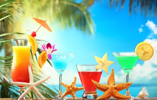 Picture summer, stars, lemon, orange, glasses, fruit, citrus, cocktails, sea, cocktails, carambola
