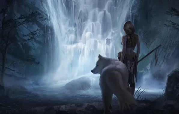 Picture girl, fiction, animal, waterfall, art, white wolf
