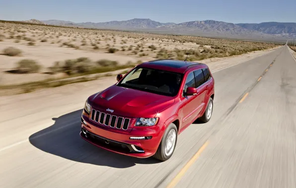 Picture Red, Road, Machine, Day, SUV, Jeep, Grand Cherokee, The front, In Motion