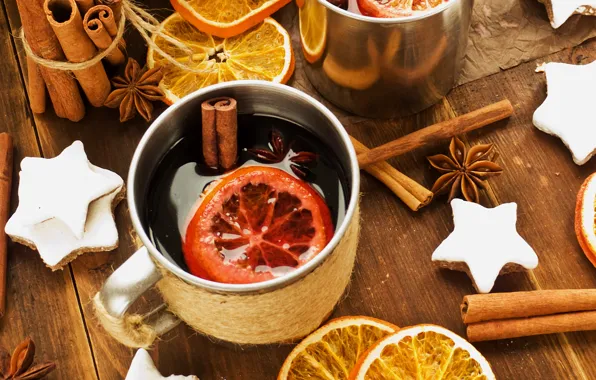 Picture winter, wine, oranges, sticks, New Year, cookies, Christmas, Cup, stars, drink, cinnamon, holidays, spices, star …