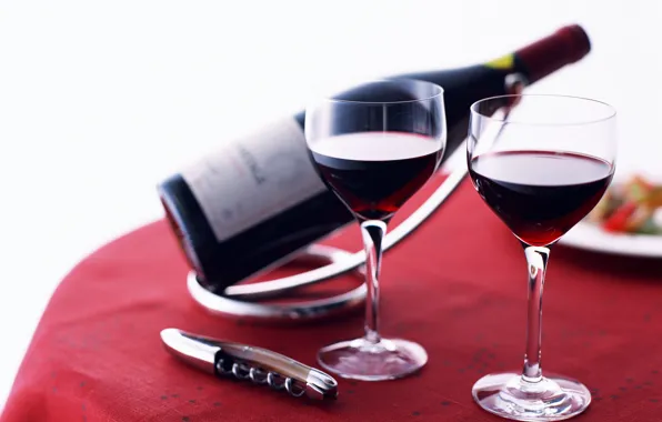 Picture wine, red, bottle, table, corkscrew, glasses