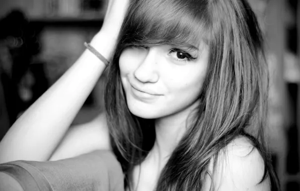 Picture look, girl, smile, black and white, girl, smile, bangs