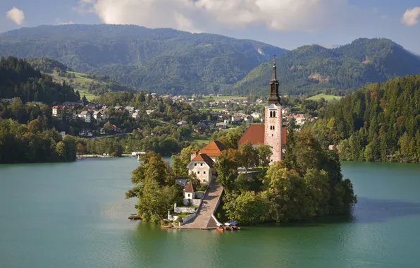 Picture the city, lake, Church, Lake Bled, Slovenia